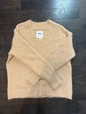 aerie Cozy V-Neck Fuzzy Sweater in Light Beige